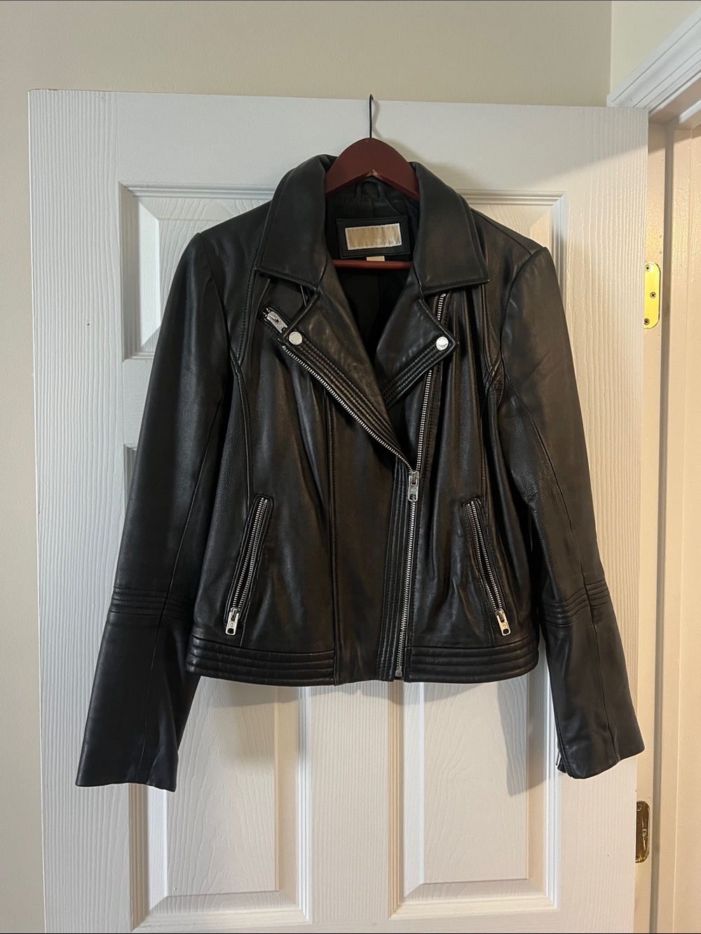 Michael Kors Black Leather Moto Jacket with Zip Details